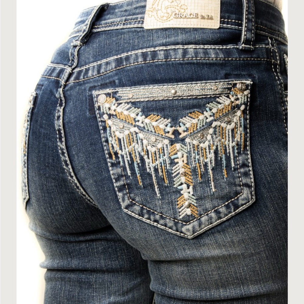Grace in LA Blue Boot Cut Jeans with Rhinestone Embellishments